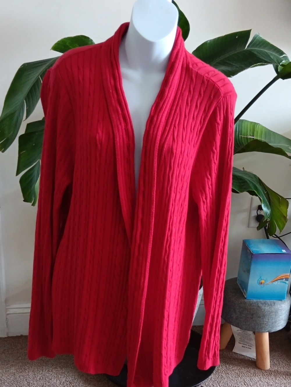 Kim Rogers Red Cable-Knit Open-Front Cardigan